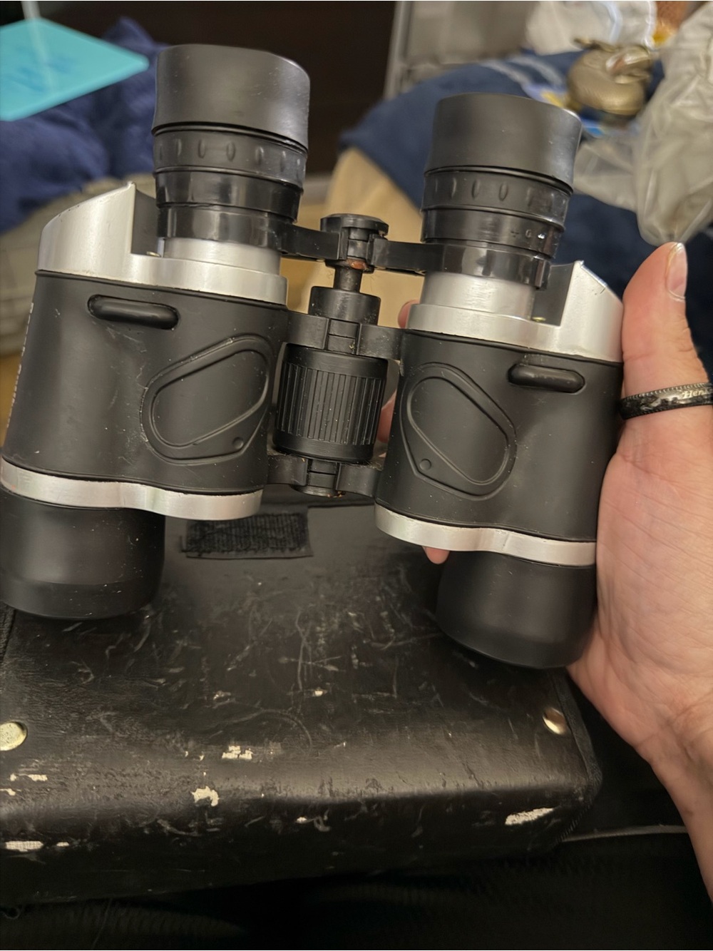 Compact Black and Silver Binoculars with Comfortable Grip